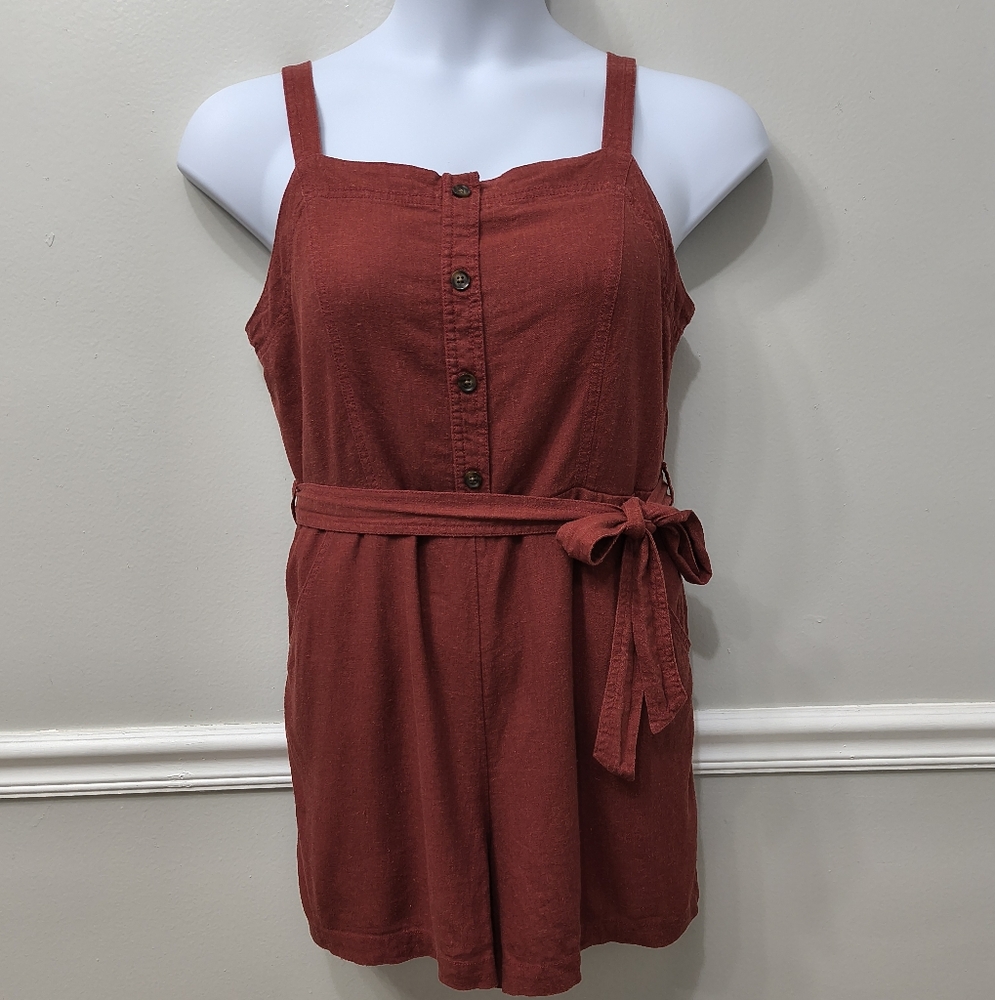 Old Navy Linen-Blend Cami Romper Tierra Red Large Petite Summer Beach Preppy